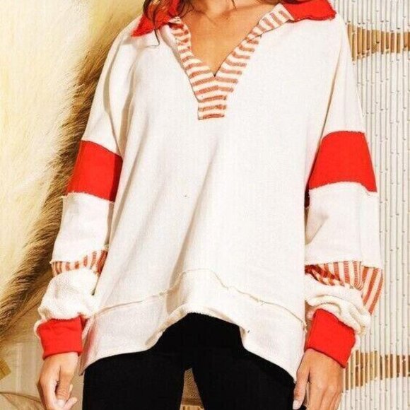 Free People We The Free Clean Prep Polo Pullover Top Oversized Striped M 276414 - Picture 1 of 5